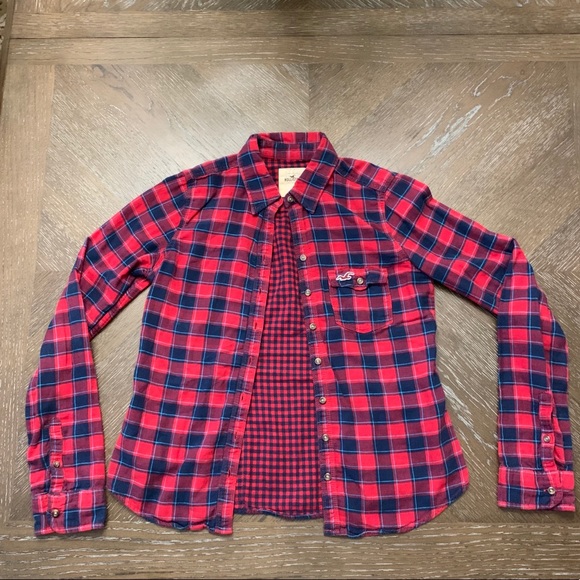 Hollister red & navy plaid flannel button down shirt Size S - Picture 9 of 17